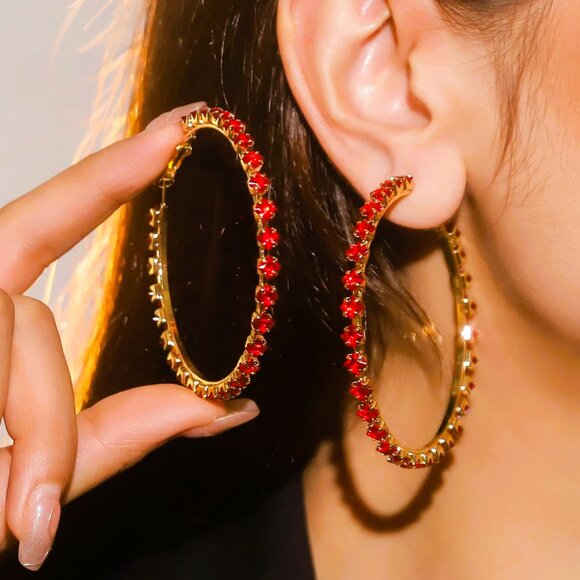14K Gold Womens 2ct Red Ruby Gemstone Large Hoop Earrings New Hoops Jewelry - Picture 1 of 5